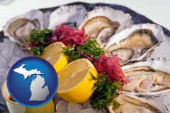 michigan map icon and raw bar oysters